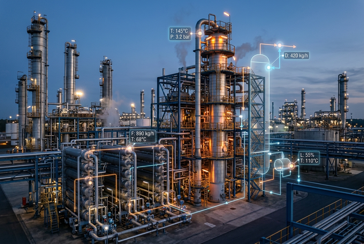 Process plant with operational data analytics and engineering modelling